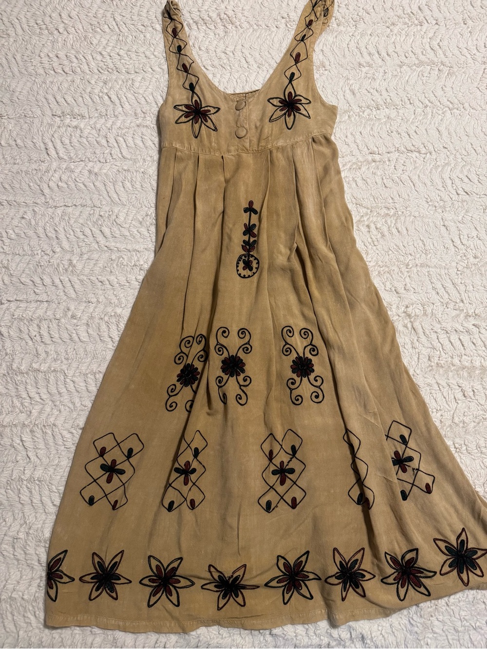 VINTAGE BOHO EMBROIDERED MAXI SUNDRESS TAN EARTHY WOODSY MEDIUM